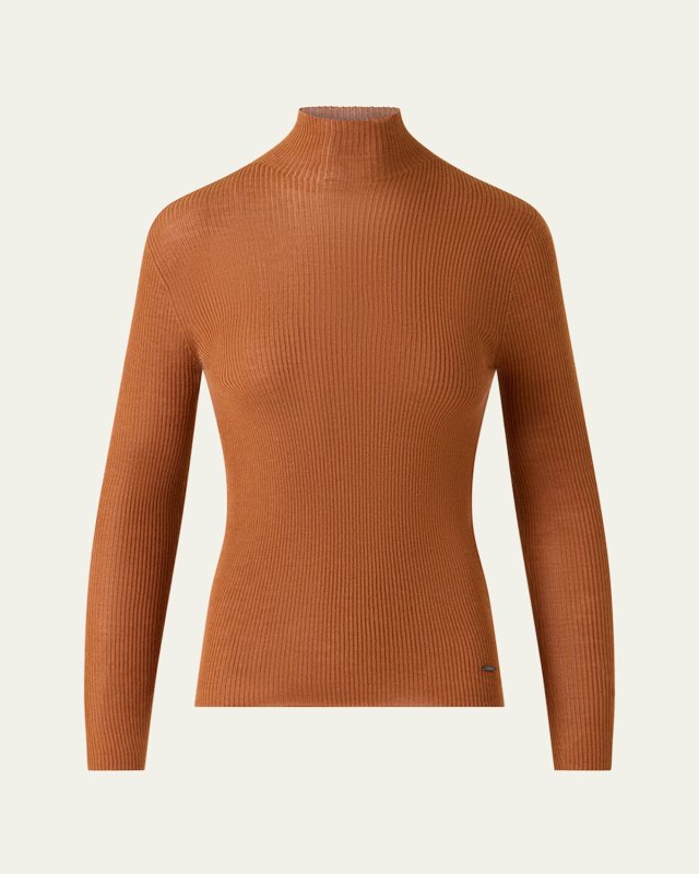 Mock-Neck Cashmere-Silk Fine Rib Sweater
